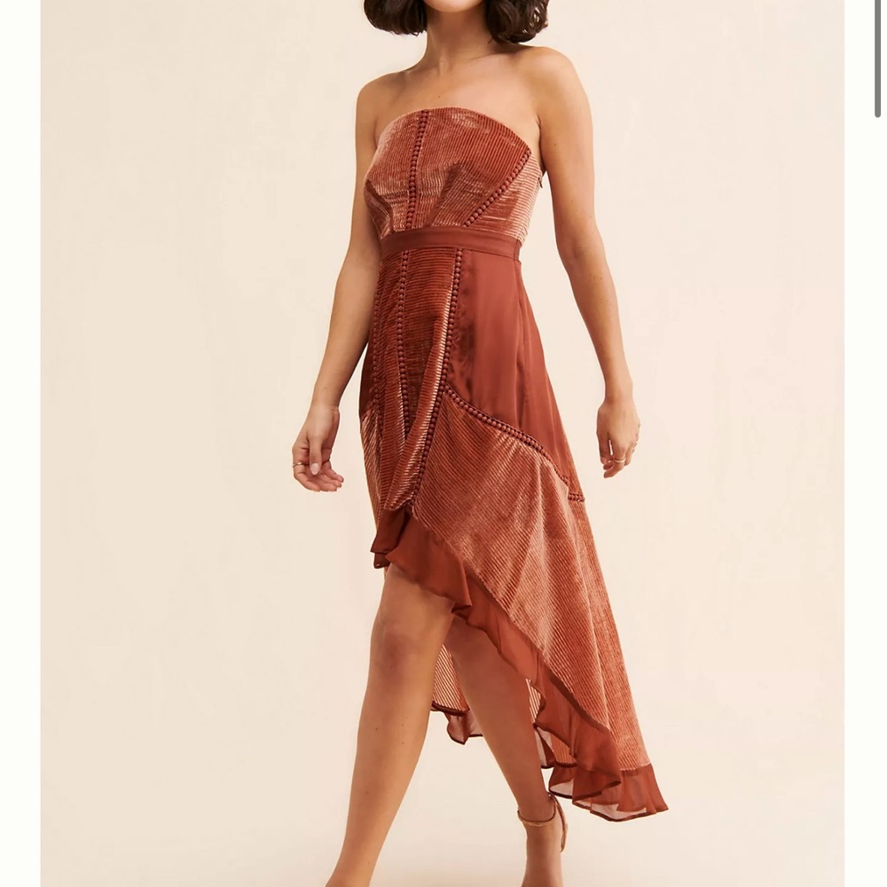 Strapless Asymmetric Rust Midi Dress